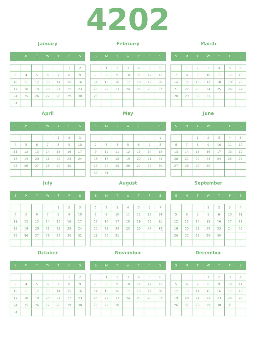 Printable 4202 Year Calendars celadon