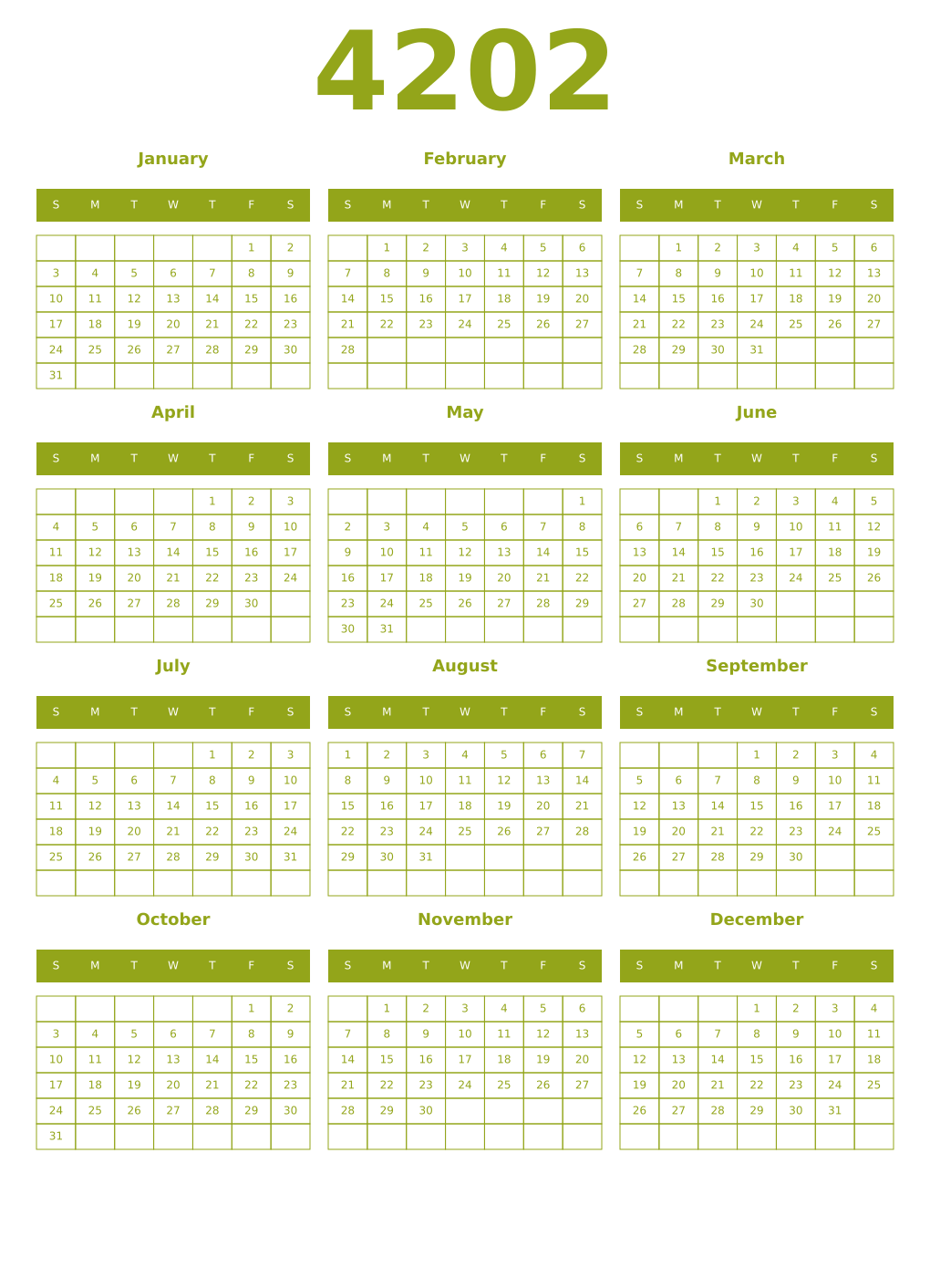 Printable 4202 Year Calendars chartreuse