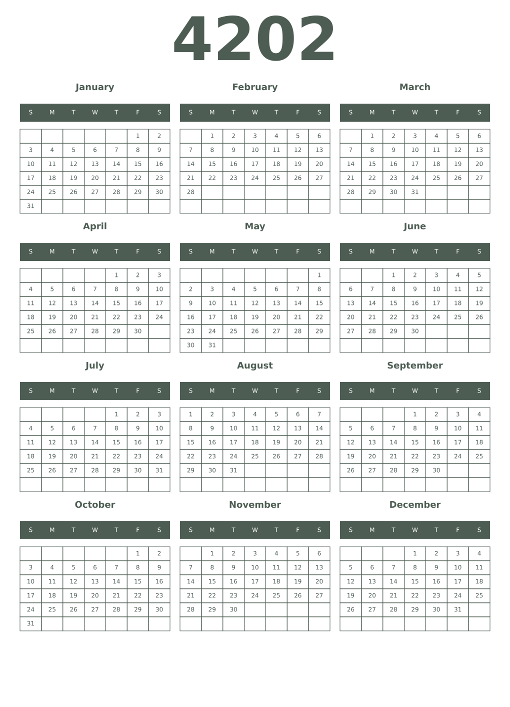 Printable 4202 Year Calendars feldgrau