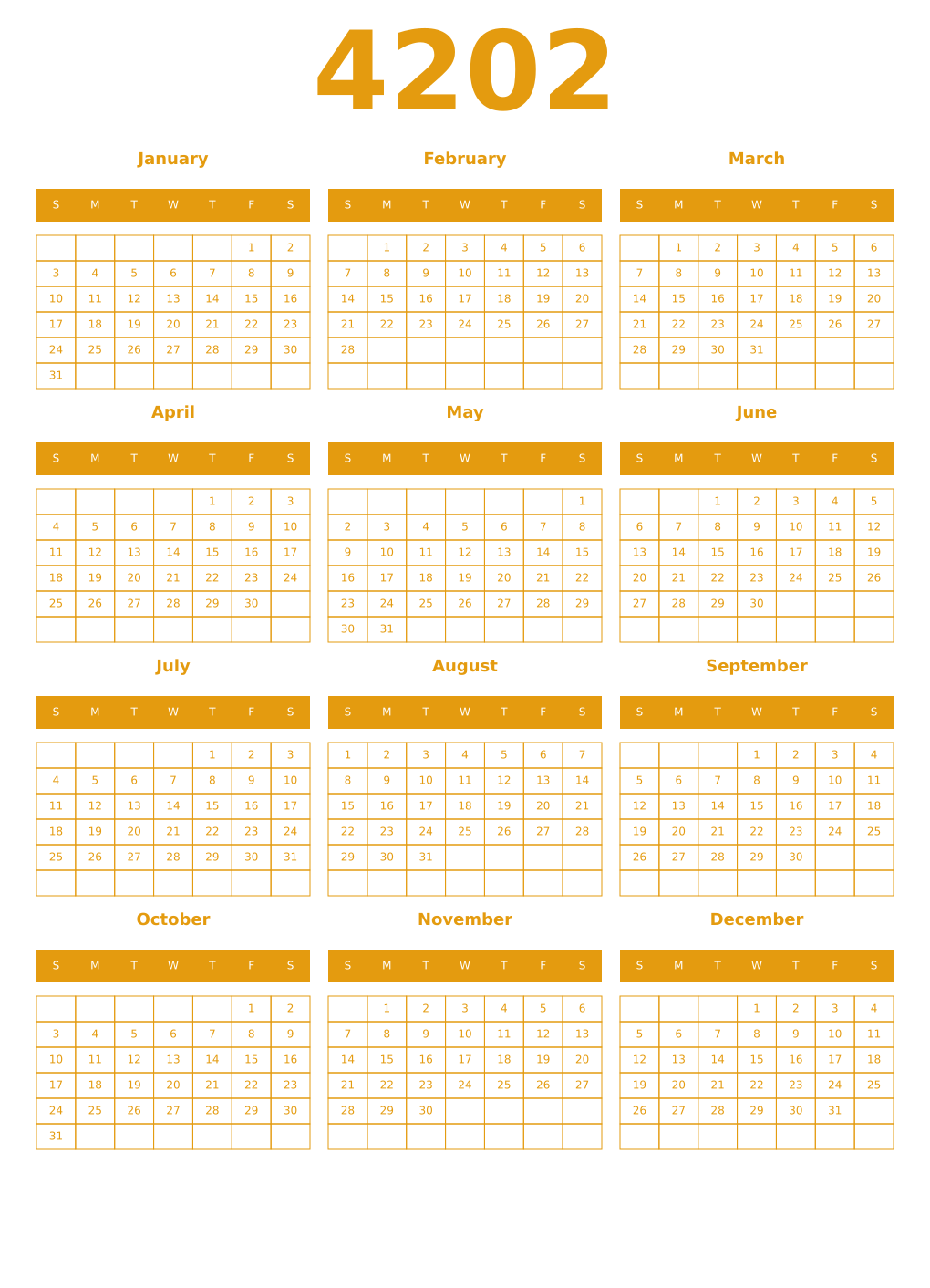 Printable 4202 Year Calendars gamboge