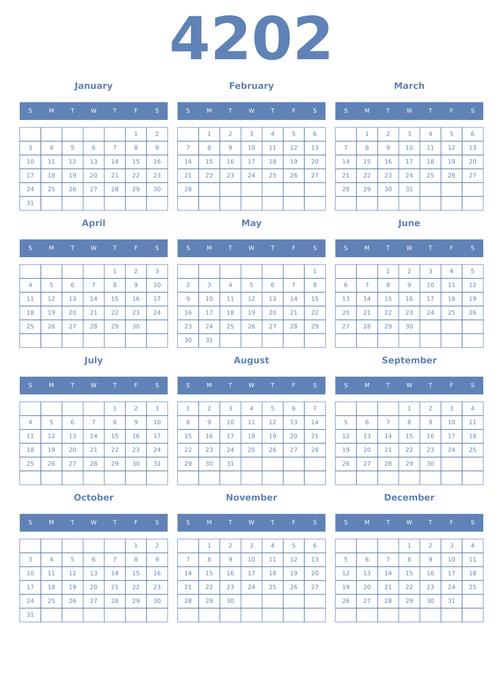 Printable 4202 Year Calendars glaucous