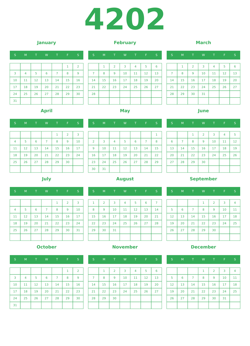 Printable 4202 Year Calendars green