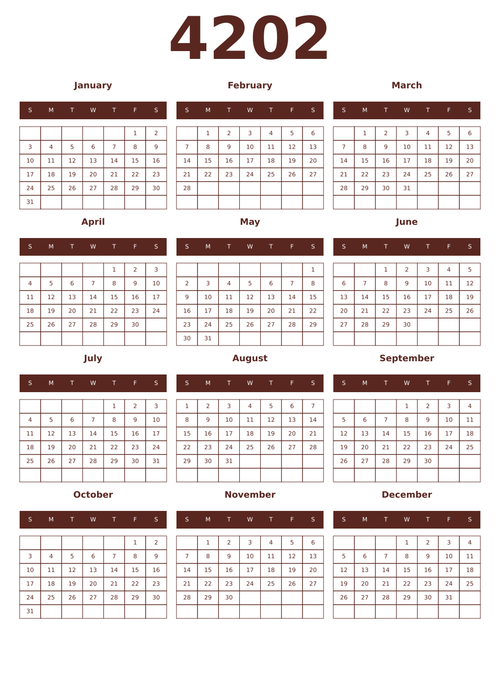 Printable 4202 Year Calendars mortuum