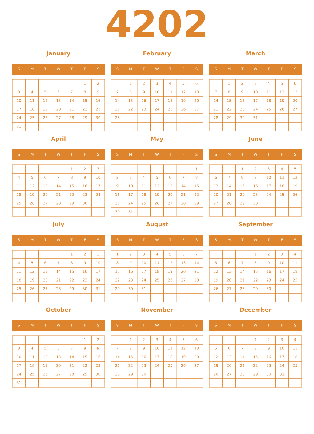 Printable 4202 Year Calendars orange