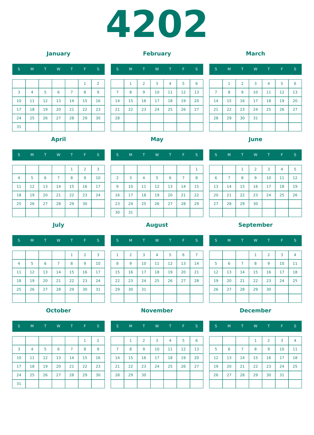 Printable 4202 Year Calendars pastel