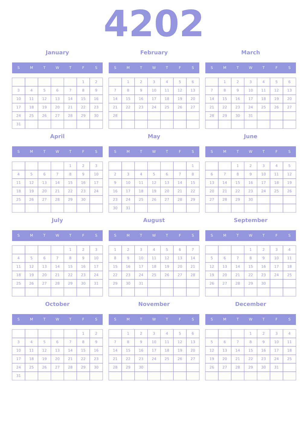 Printable 4202 Year Calendars periwinkle
