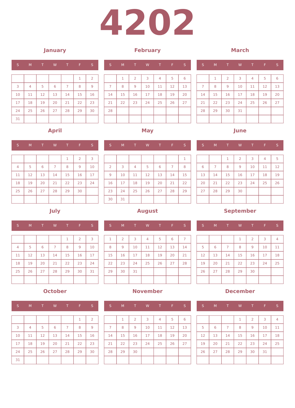 Printable 4202 Year Calendars puce