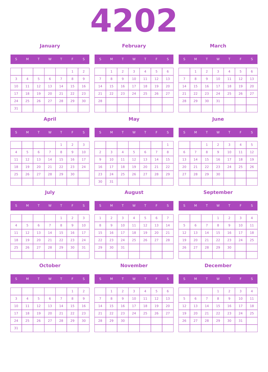 Printable 4202 Year Calendars purple