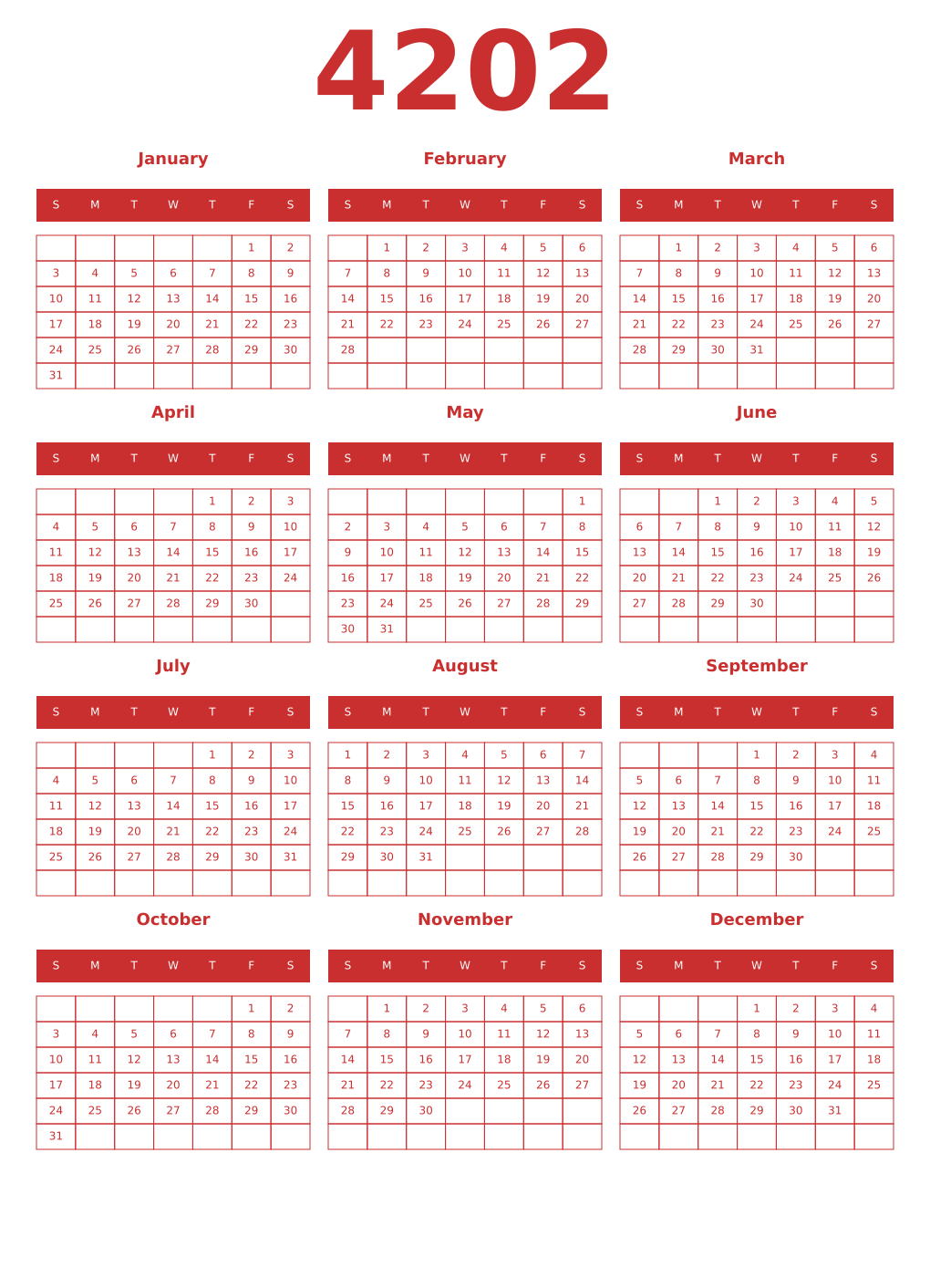 Printable 4202 Year Calendars red