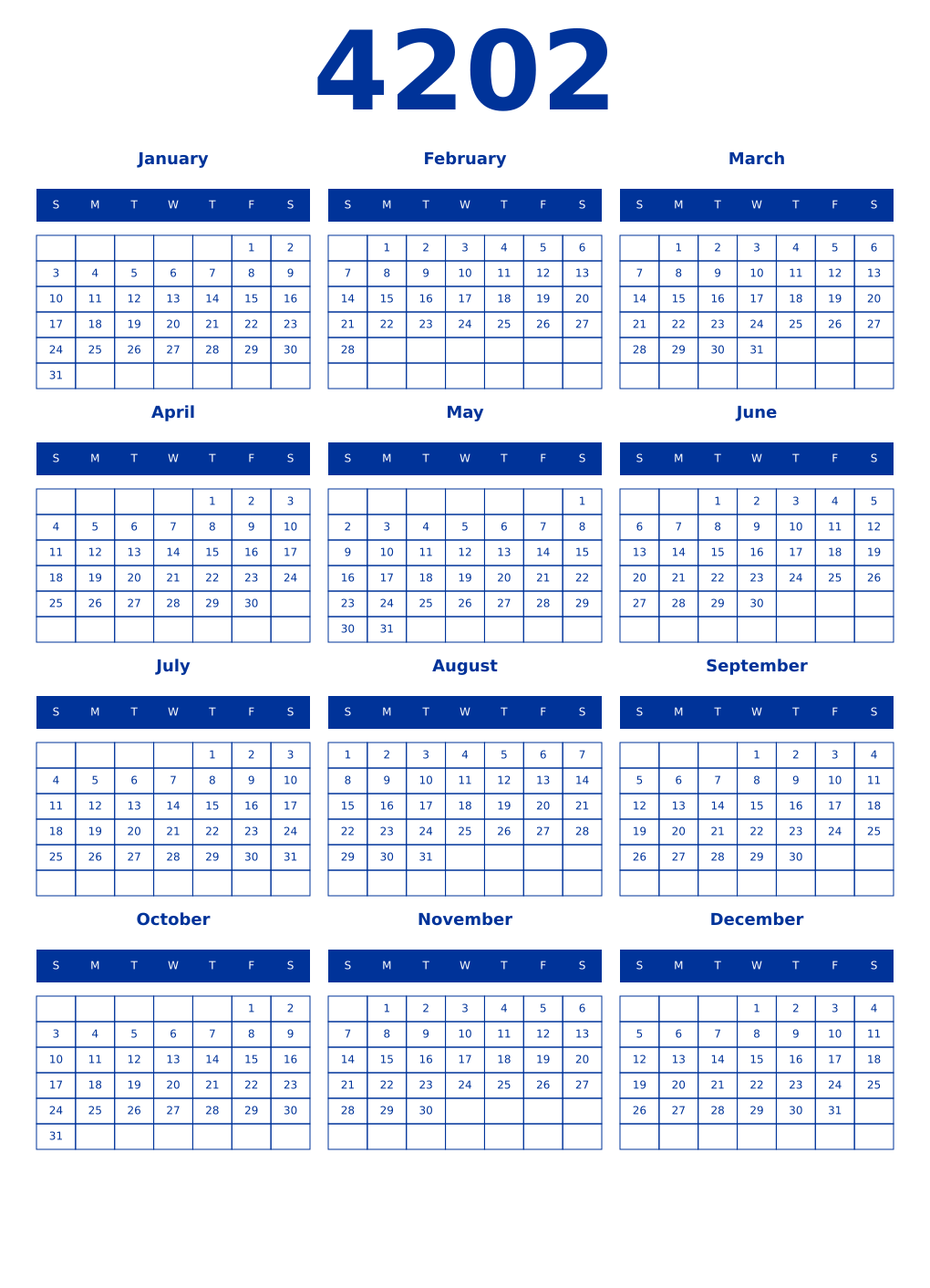 Printable 4202 Year Calendars smalt