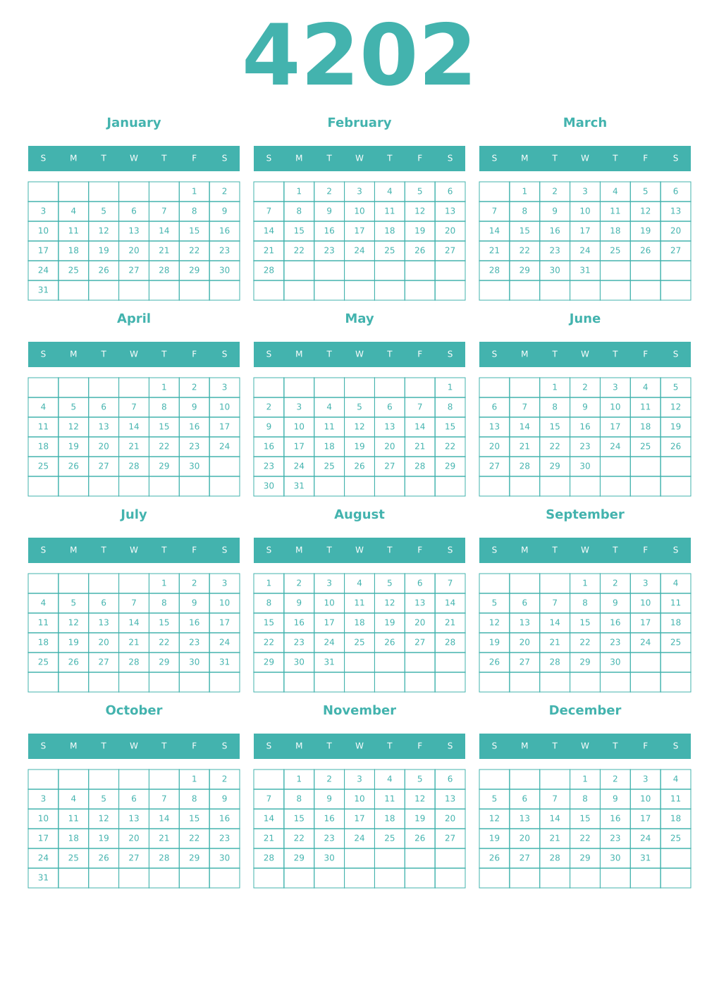 Printable 4202 Year Calendars verdigris