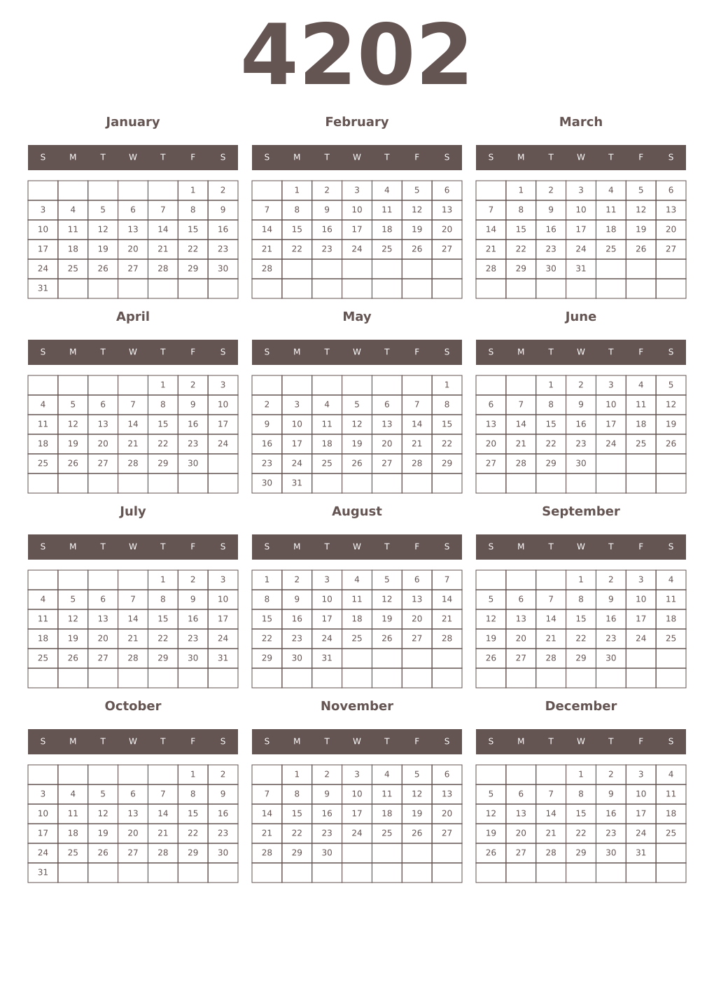 Printable 4202 Year Calendars wenge