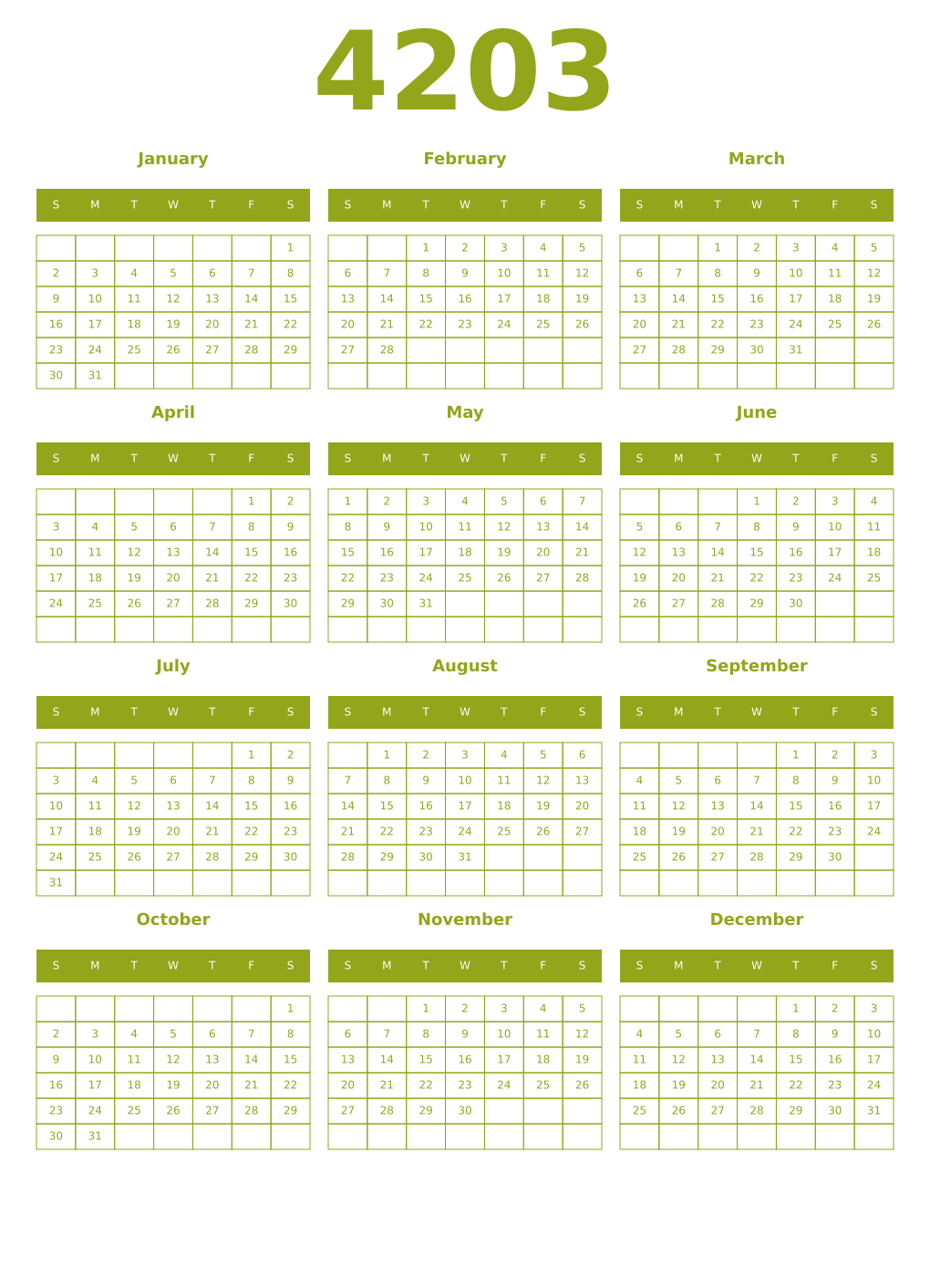 Printable 4203 Year Calendars chartreuse