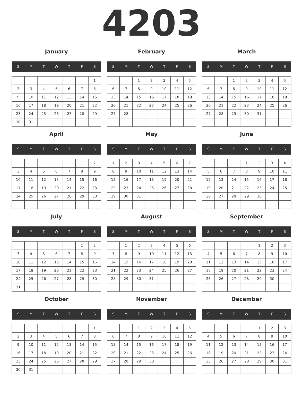 Printable 4203 Year Calendars dark