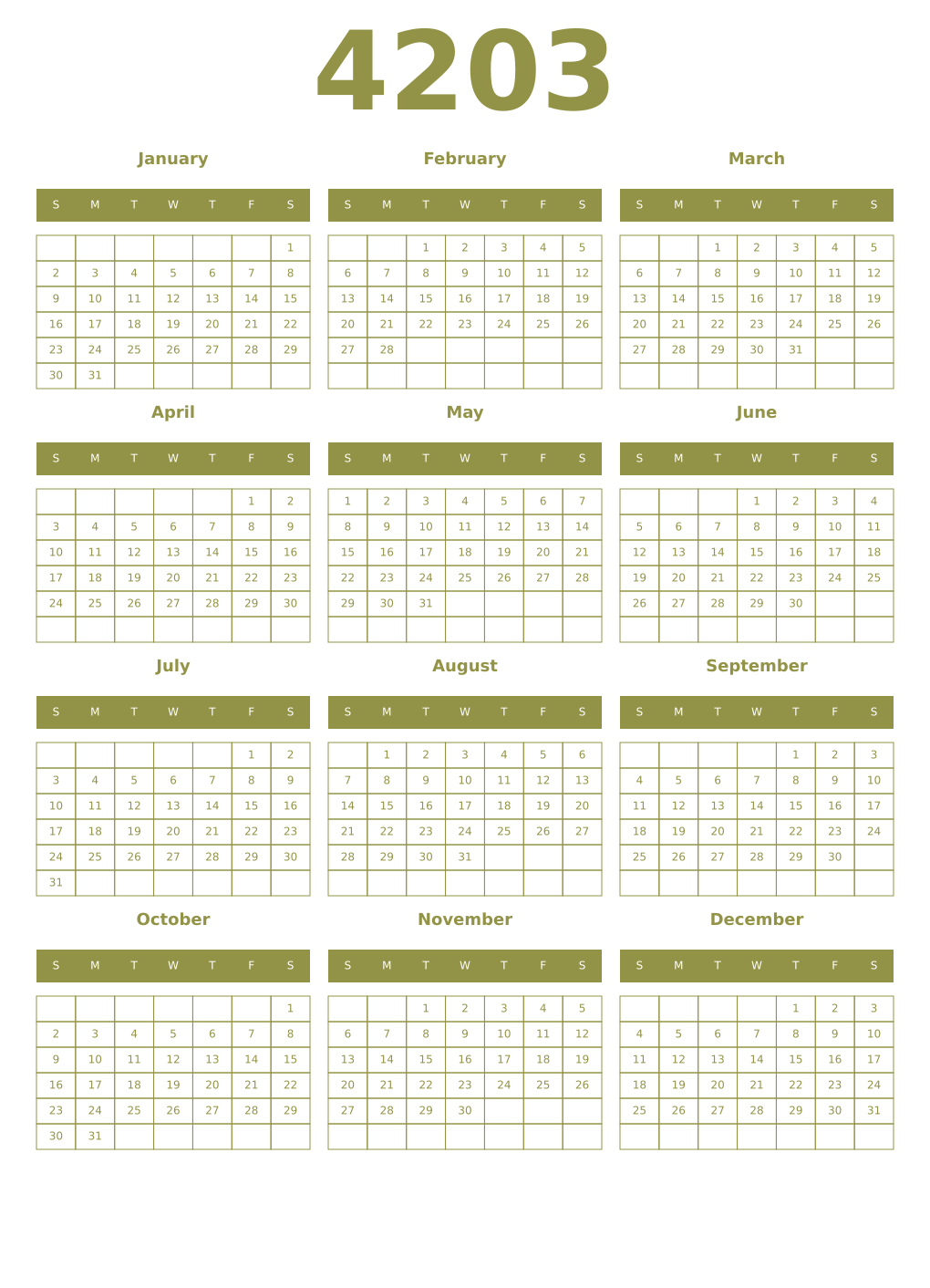 Printable 4203 Year Calendars eburnean