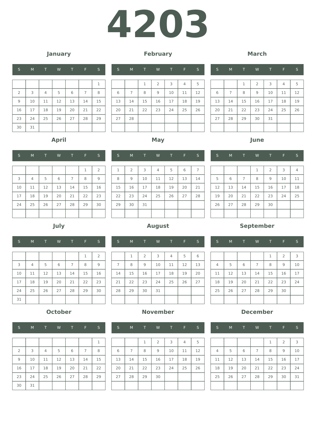 Printable 4203 Year Calendars feldgrau