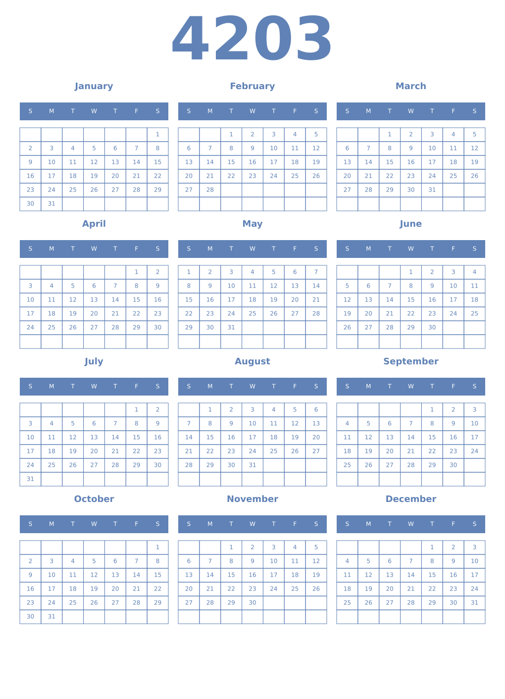 Printable 4203 Year Calendars glaucous