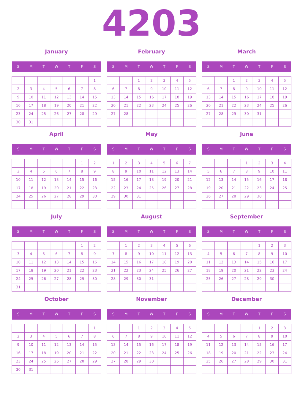 Printable 4203 Year Calendars purple