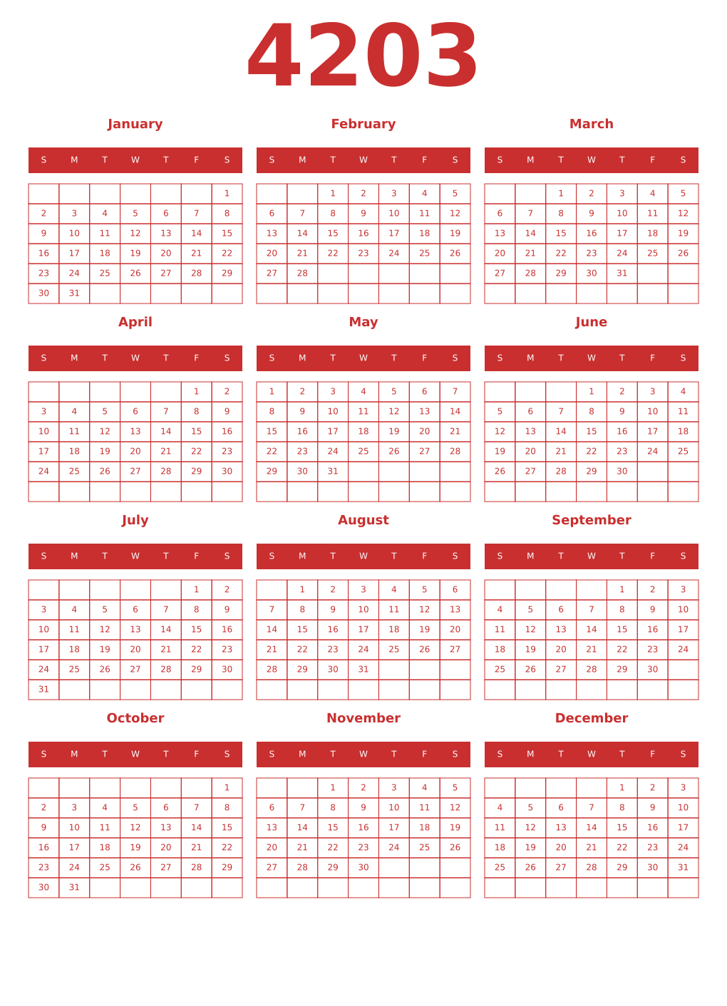 Printable 4203 Year Calendars red
