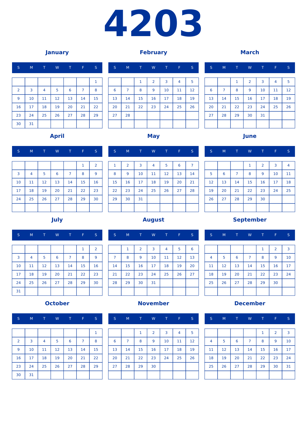 Printable 4203 Year Calendars smalt