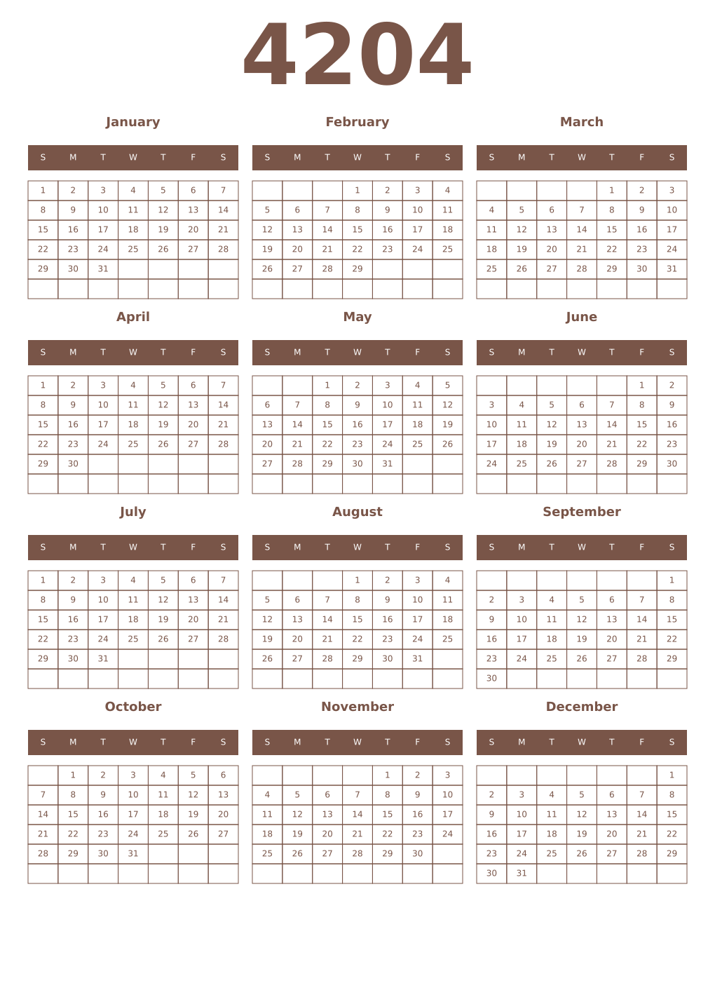 Printable 4204 Year Calendars coffe