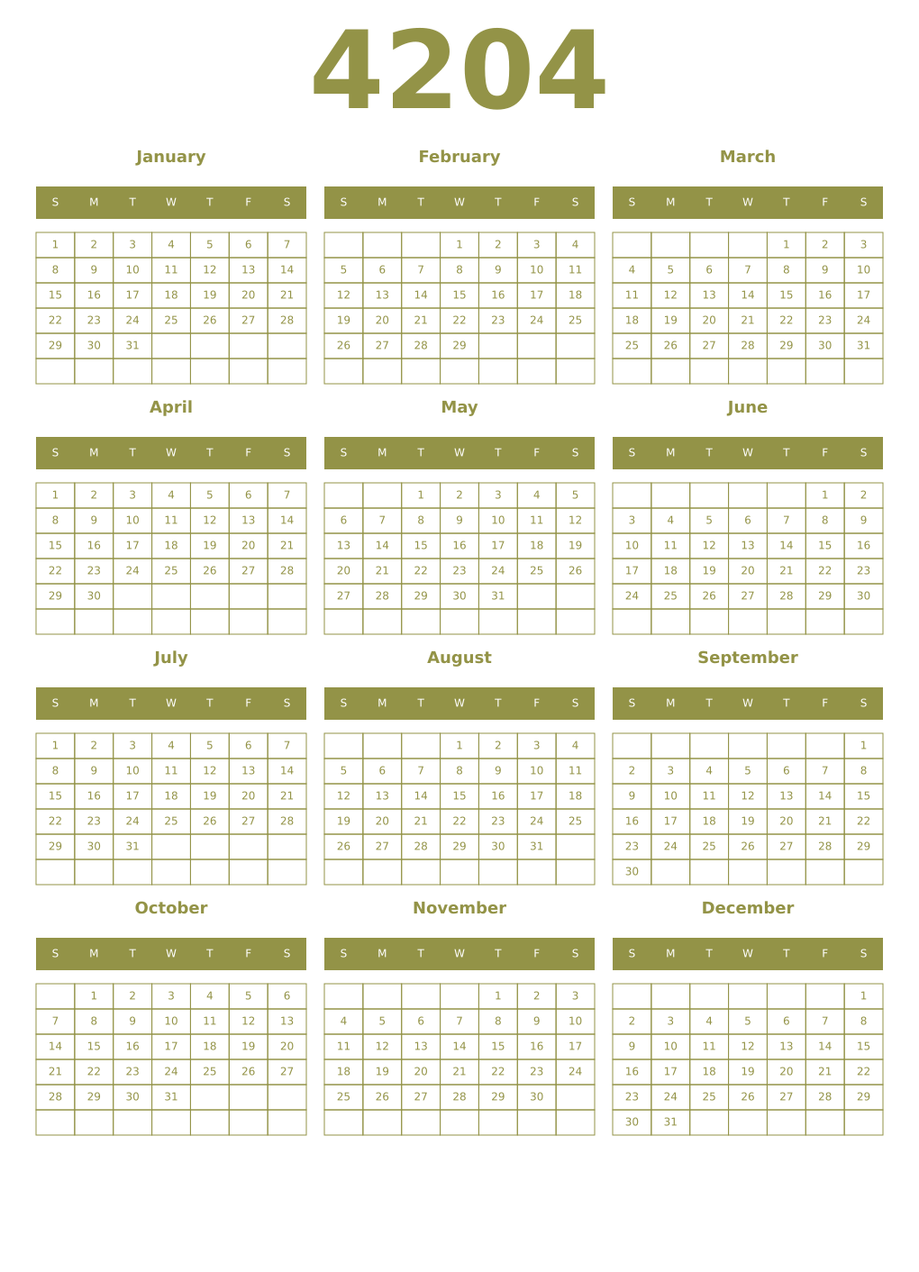 Printable 4204 Year Calendars eburnean