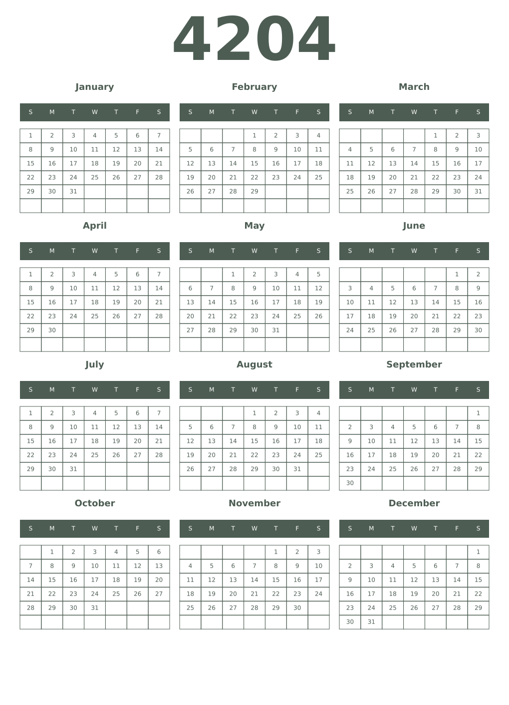 Printable 4204 Year Calendars feldgrau