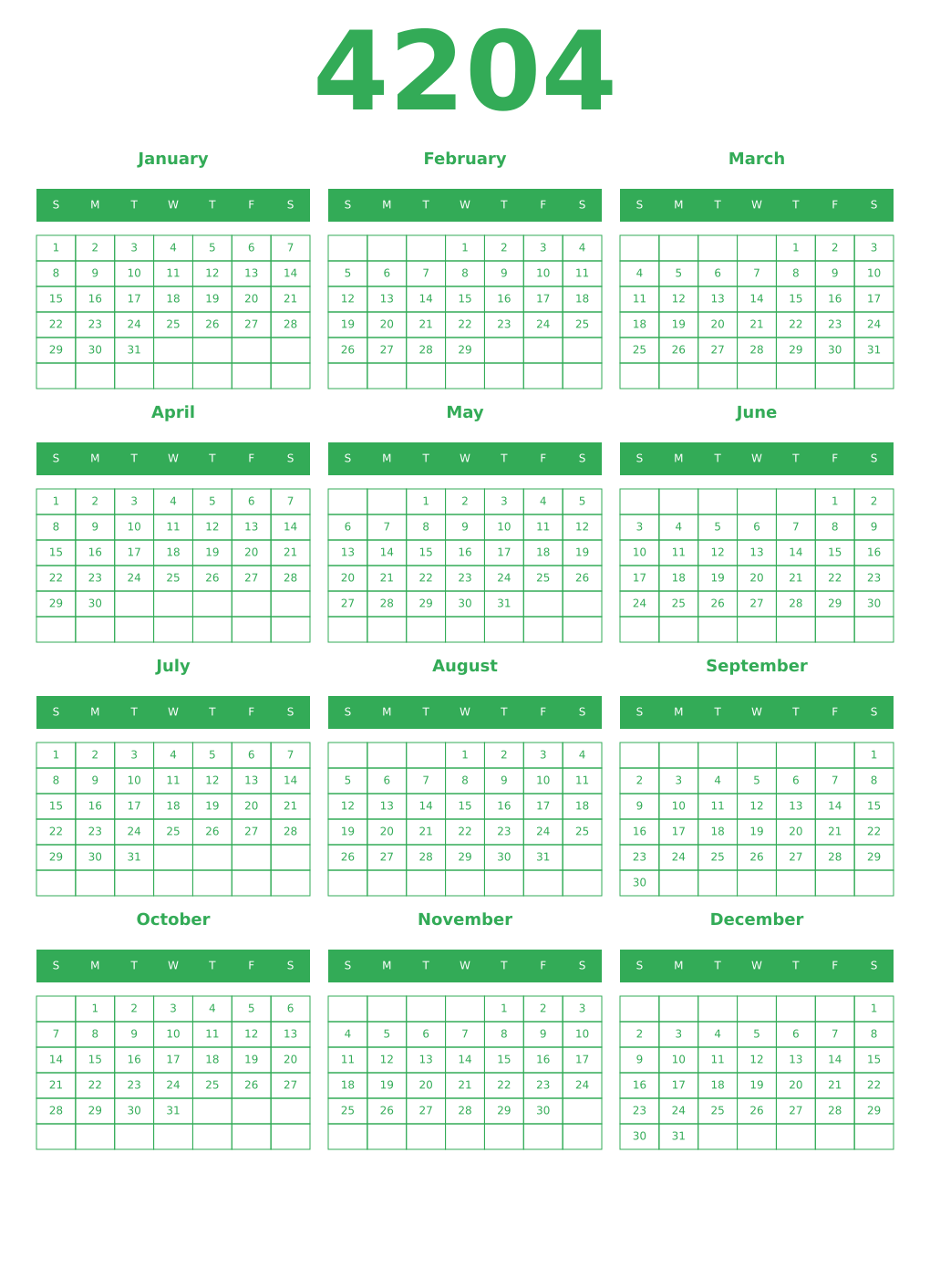 Printable 4204 Year Calendars green