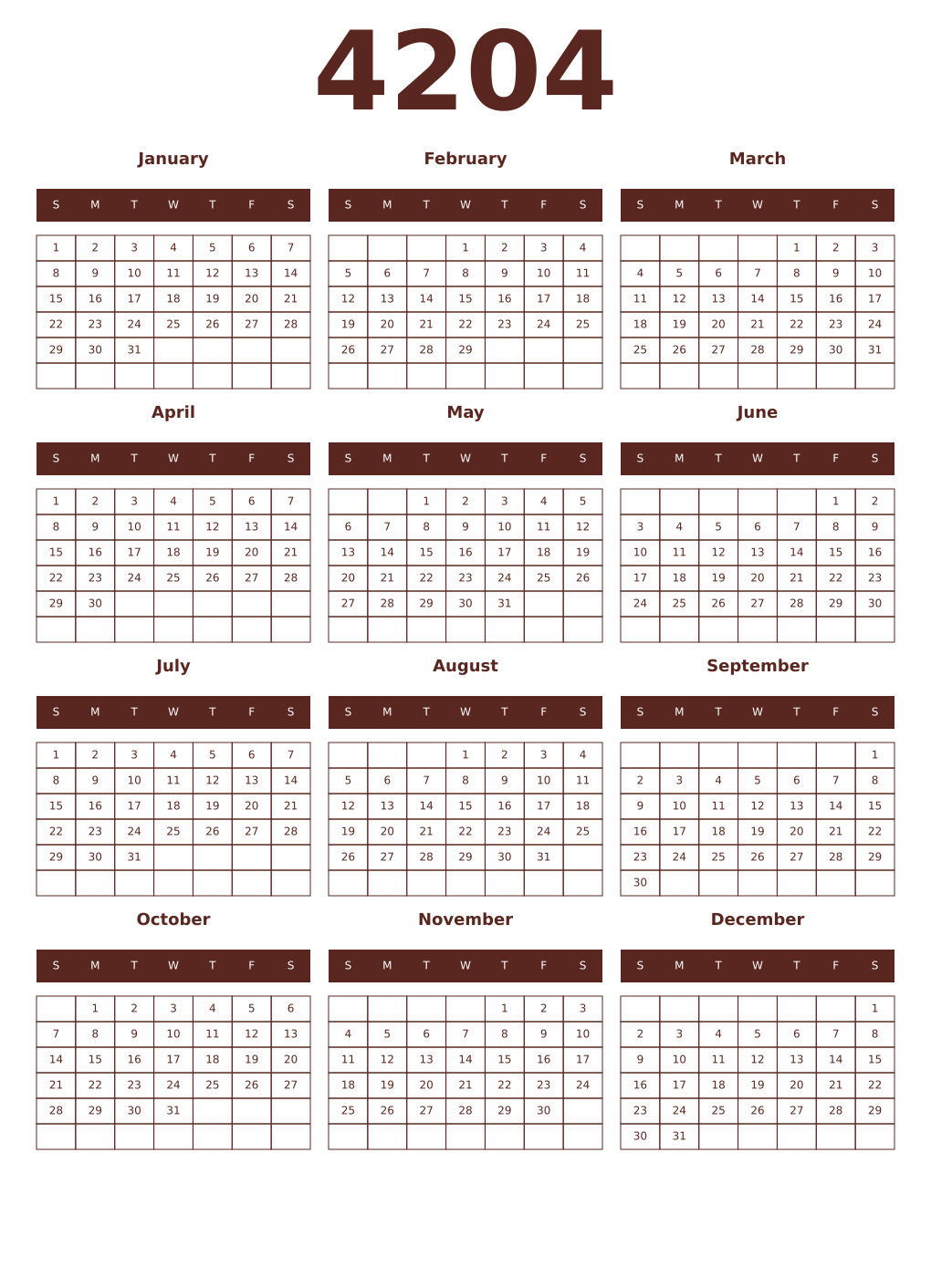 Printable 4204 Year Calendars mortuum