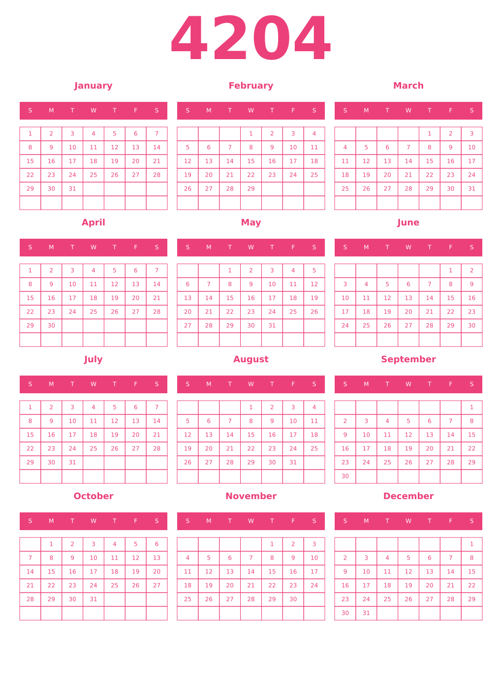 Printable 4204 Year Calendars pink