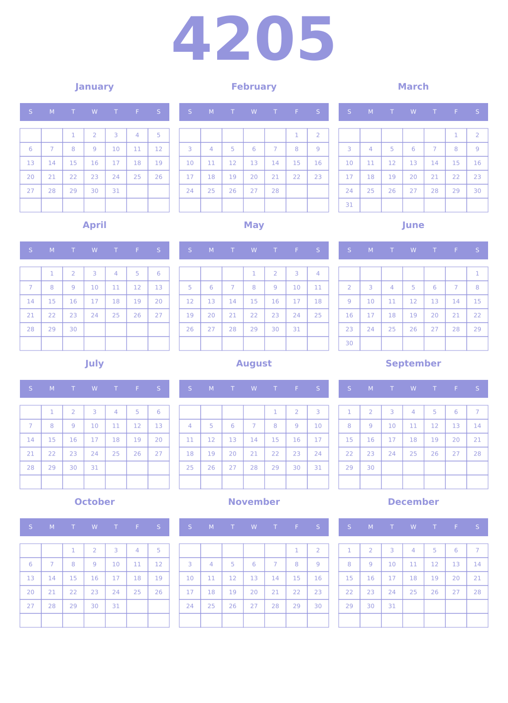 Printable 4205 Year Calendars periwinkle