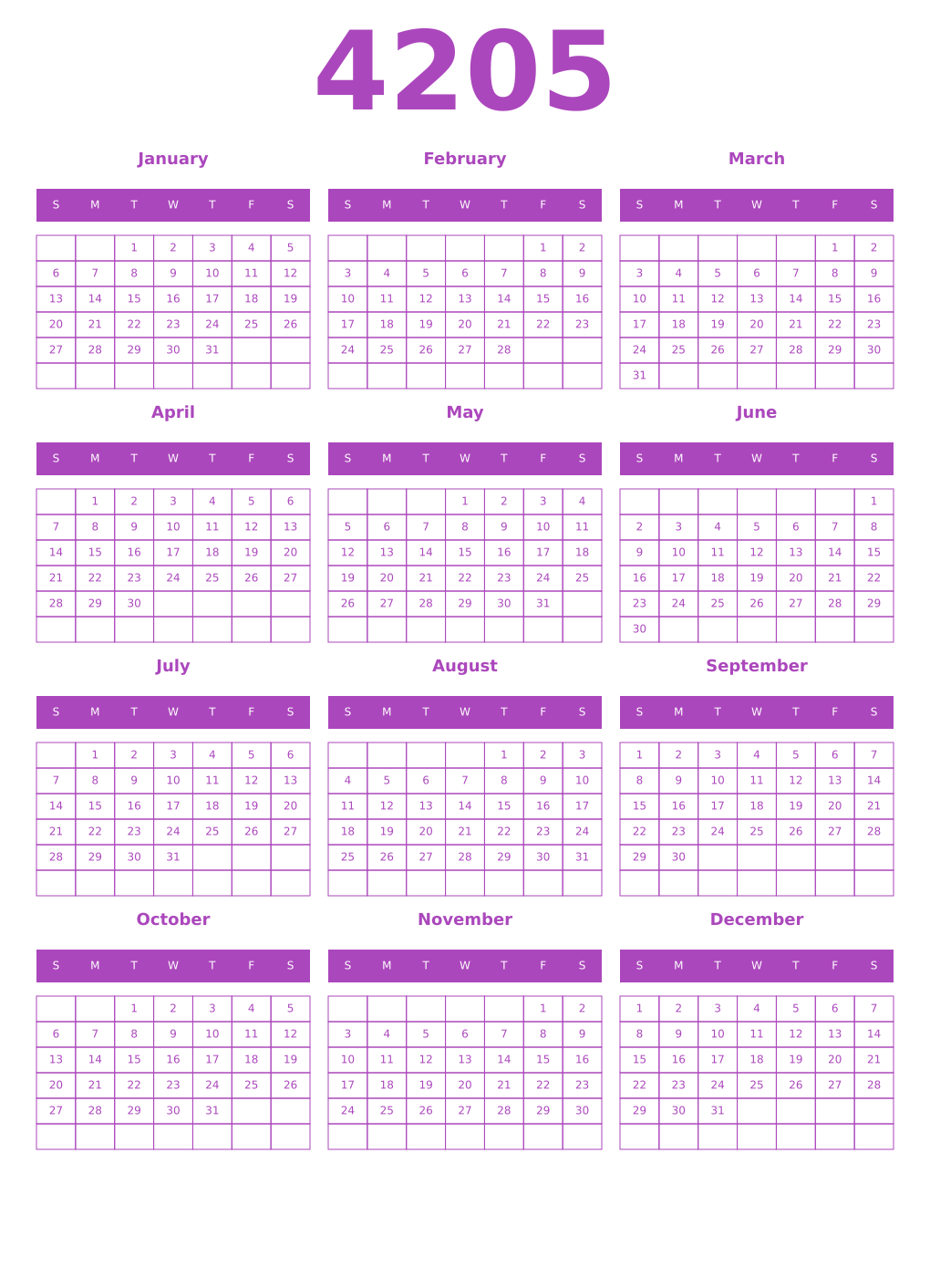 Printable 4205 Year Calendars purple