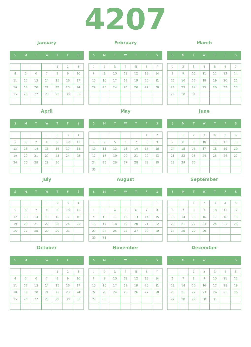 Printable 4207 Year Calendars celadon