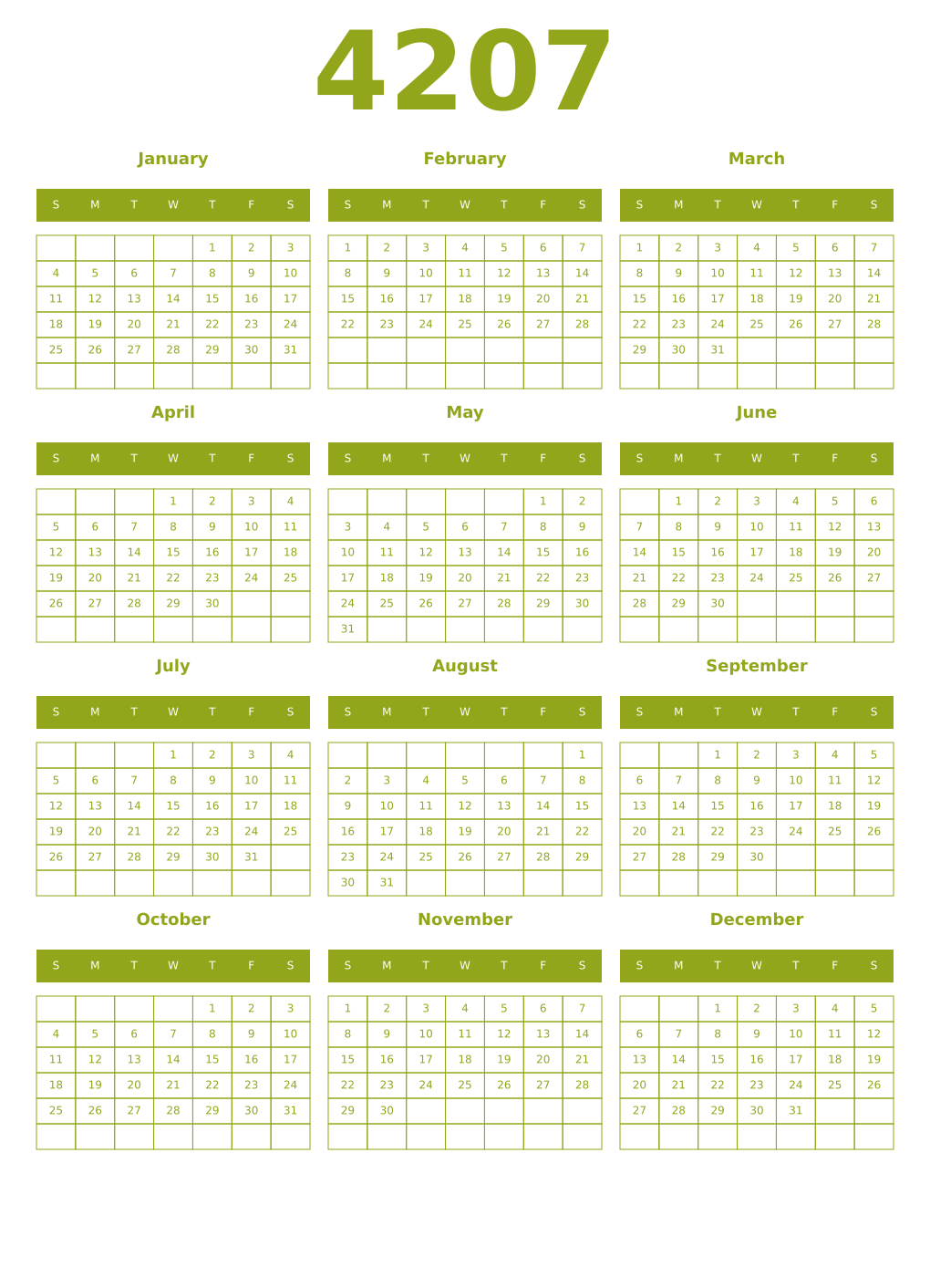 Printable 4207 Year Calendars chartreuse