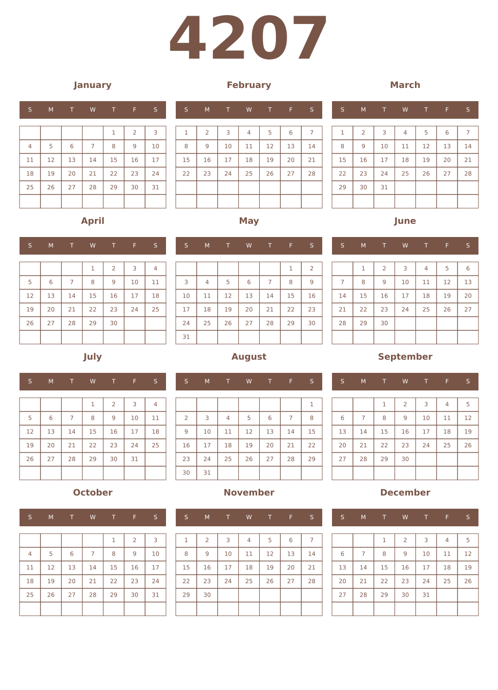 Printable 4207 Year Calendars coffe