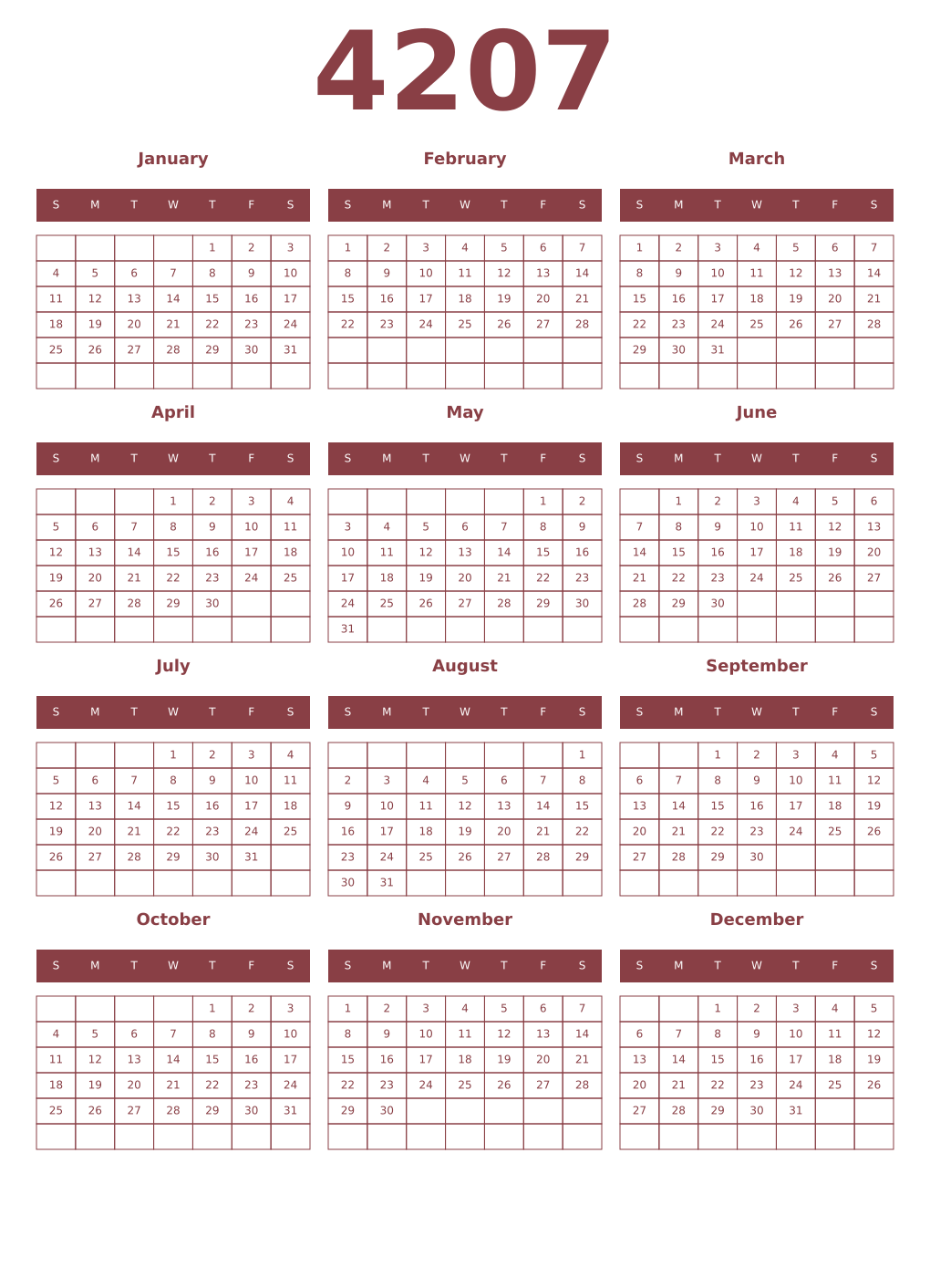 Printable 4207 Year Calendars cordovan