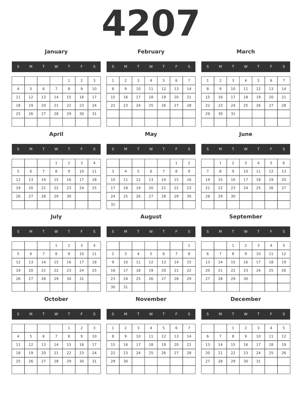 Printable 4207 Year Calendars dark