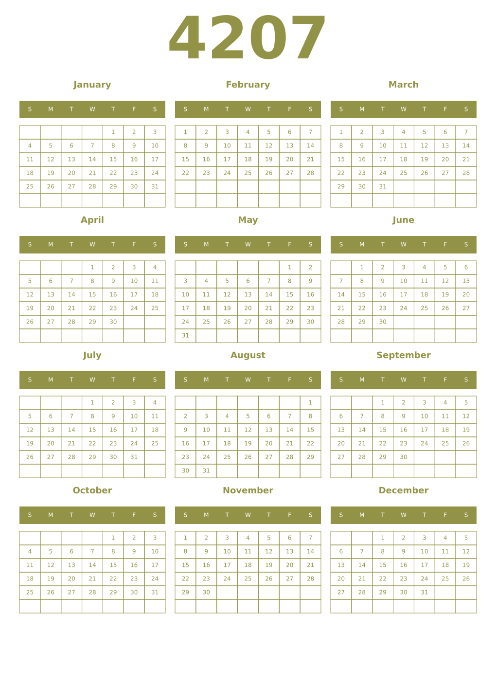 Printable 4207 Year Calendars eburnean