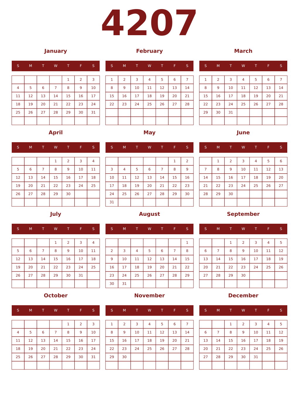 Printable 4207 Year Calendars falu