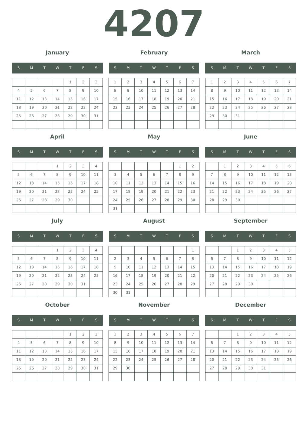 Printable 4207 Year Calendars feldgrau