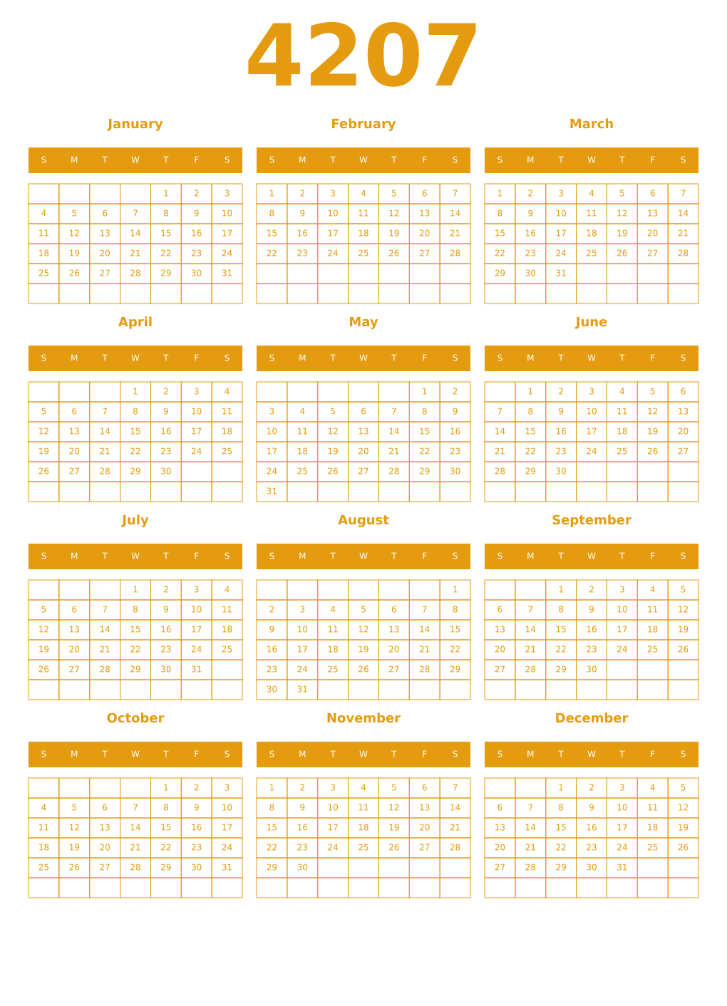 Printable 4207 Year Calendars gamboge