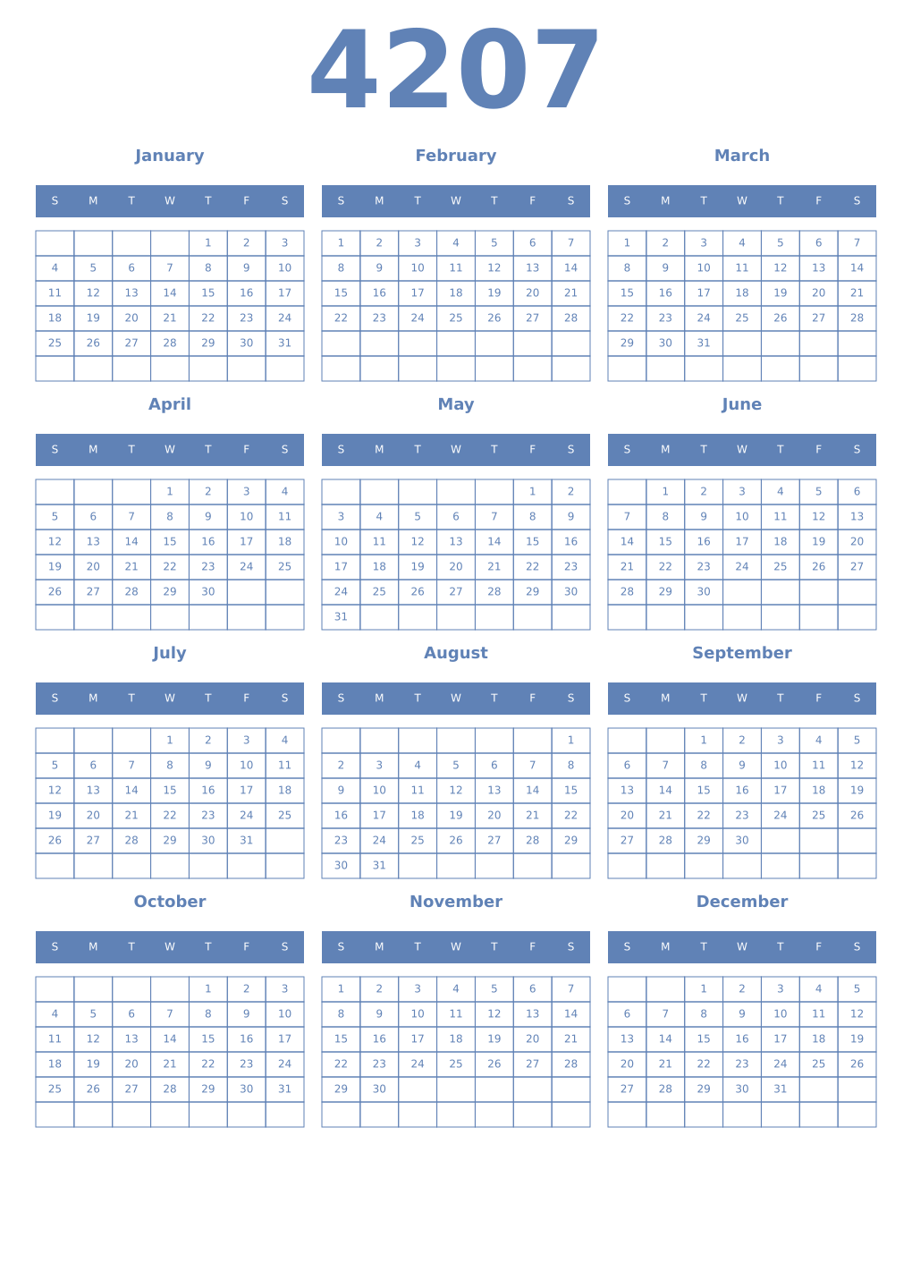 Printable 4207 Year Calendars glaucous