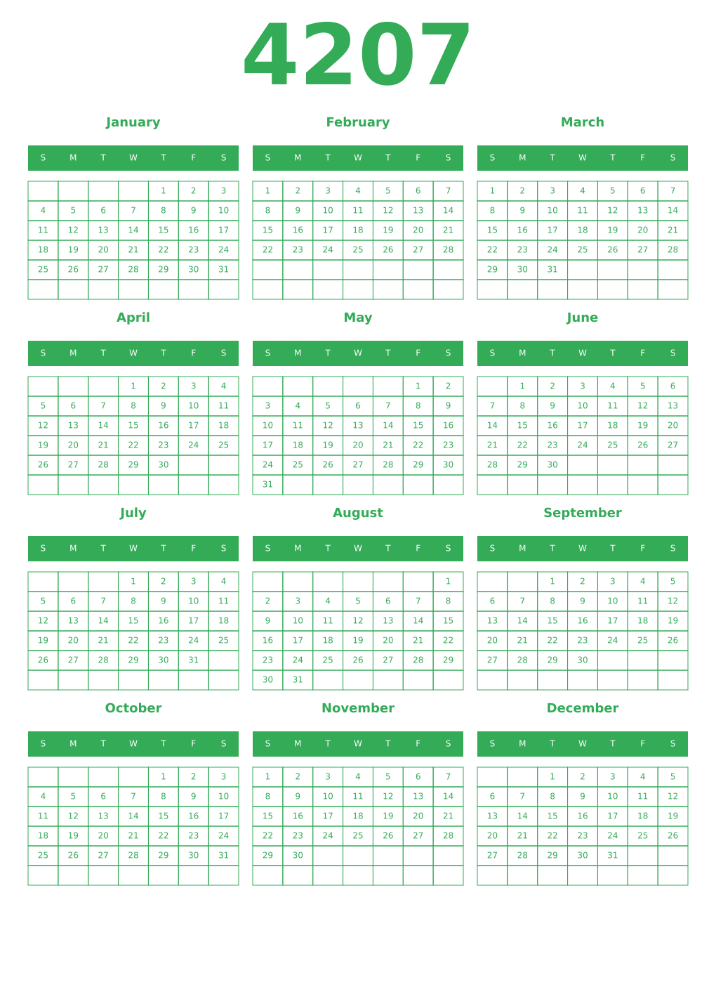 Printable 4207 Year Calendars green