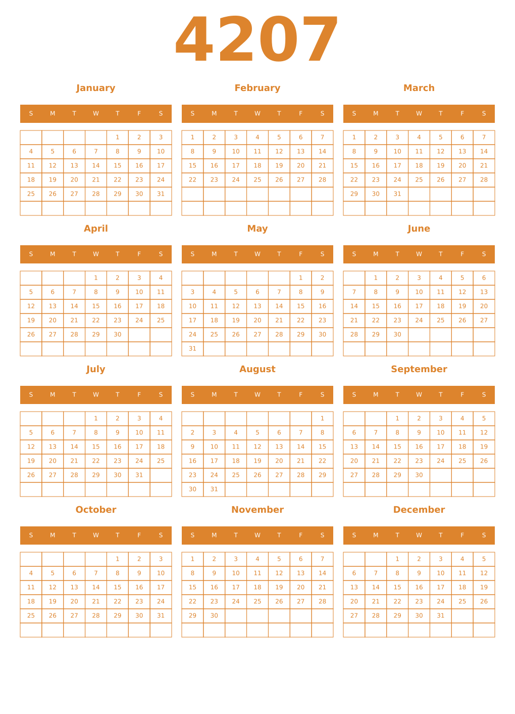 Printable 4207 Year Calendars orange