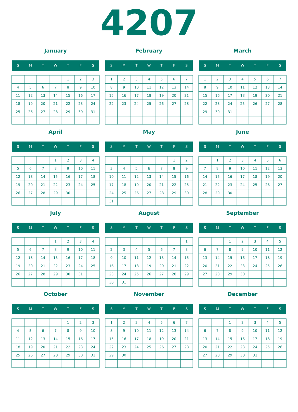 Printable 4207 Year Calendars pastel