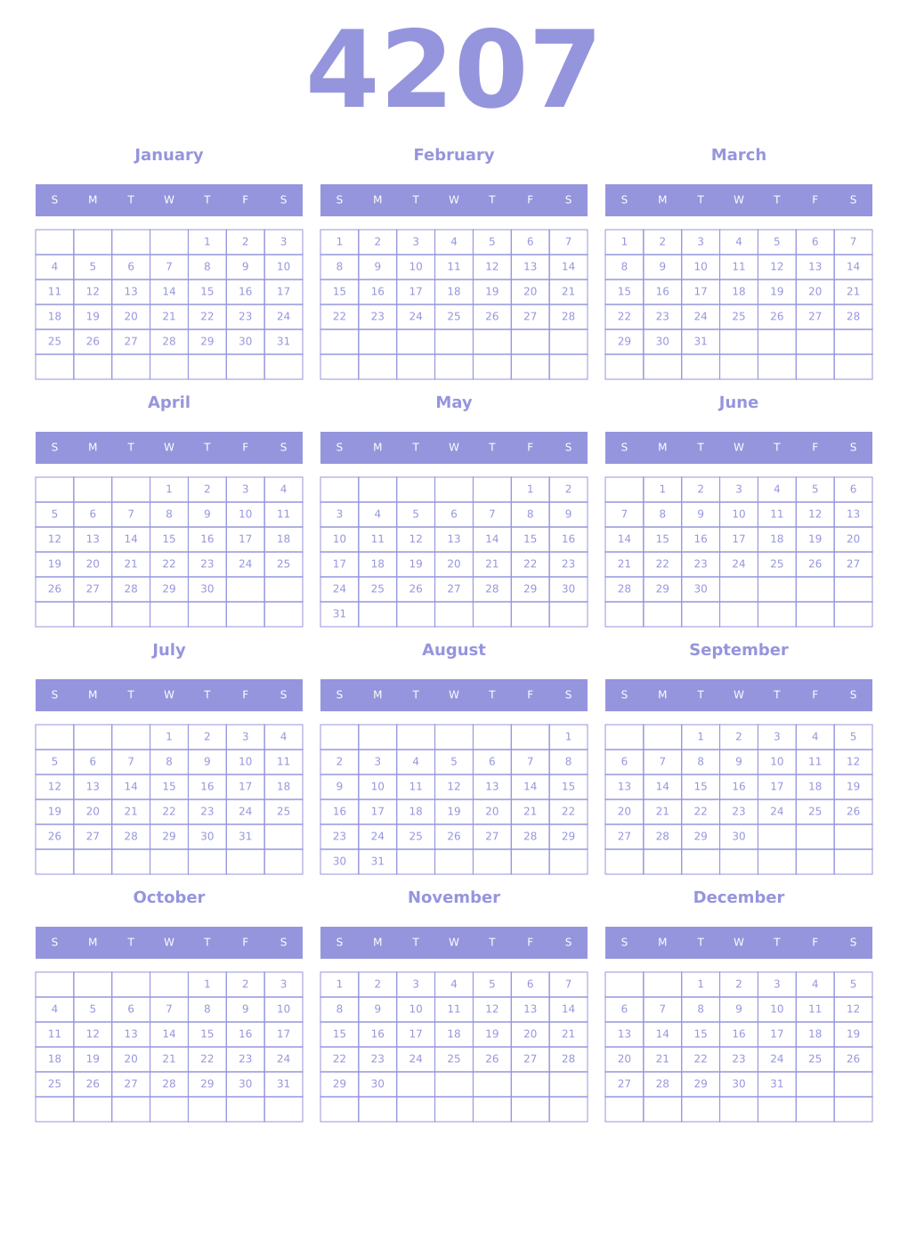 Printable 4207 Year Calendars periwinkle