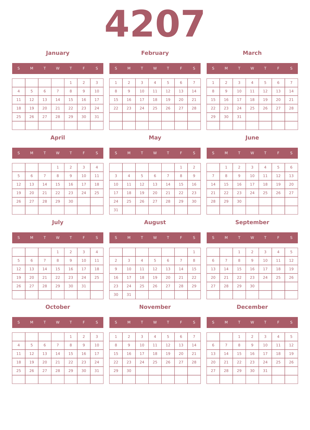Printable 4207 Year Calendars puce