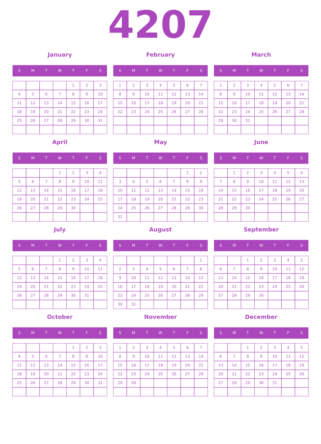 Printable 4207 Year Calendars purple