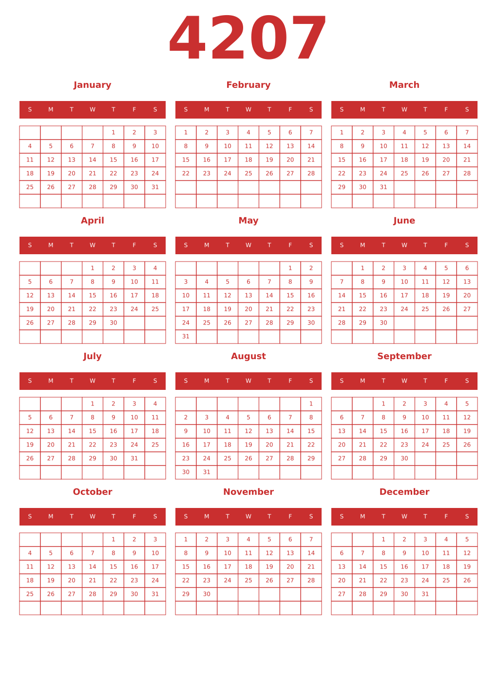 Printable 4207 Year Calendars red