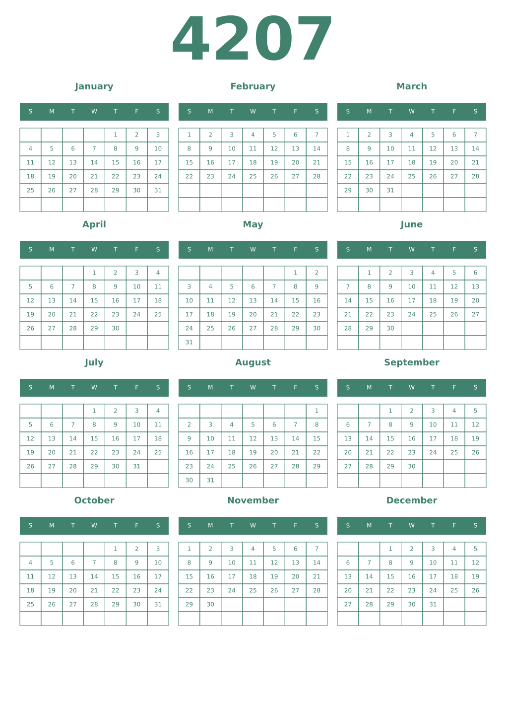 Printable 4207 Year Calendars viridian